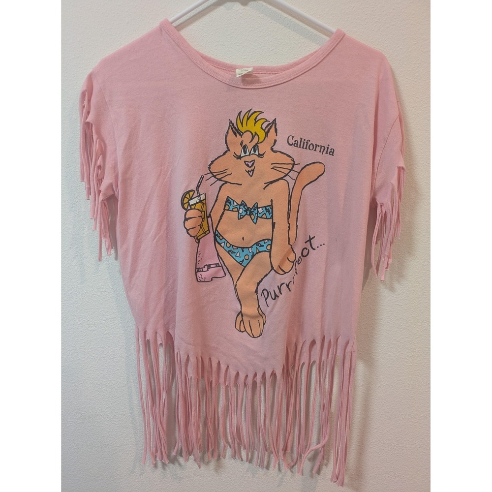 Vintage Sherry Shirt Womens One Size Pink California Cat Beach Fringe Tee 80s